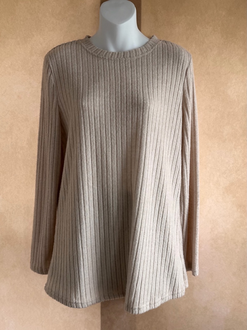 Ribbed Long Sleeve Crewneck Top in Beige